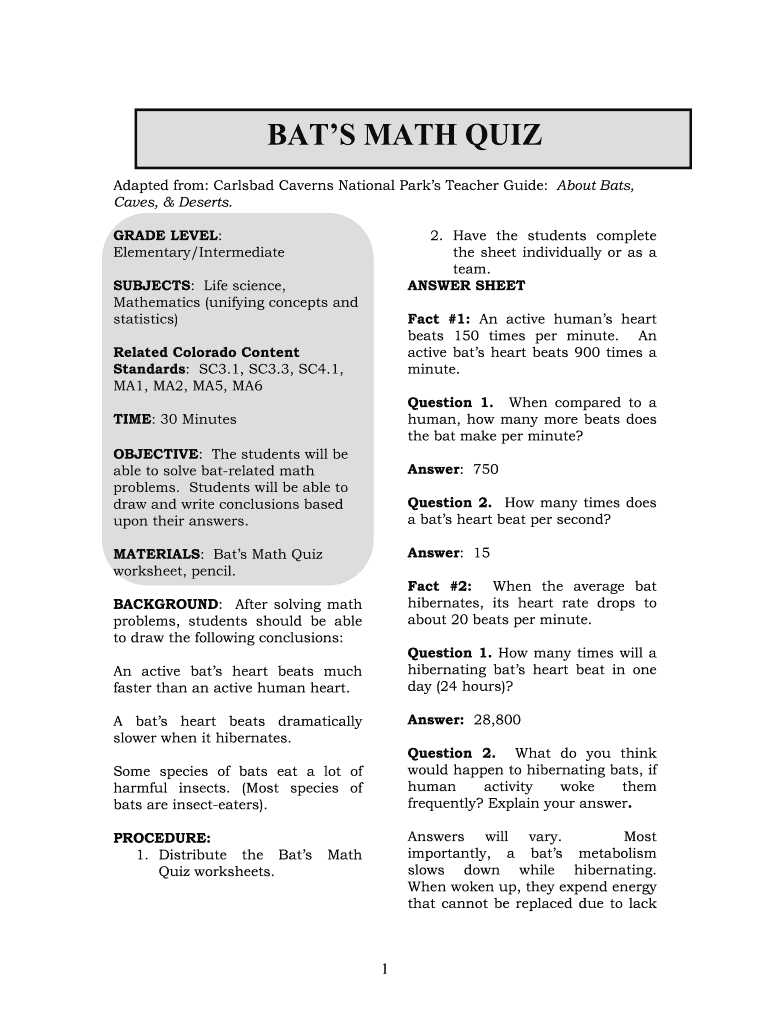 BATS MATH QUIZ  Glenwood Caverns Adventure Park  Form