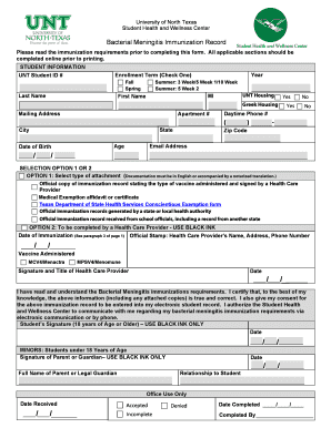 Bacterial Meningitis Immunization Record Wellness Center Tams Unt  Form