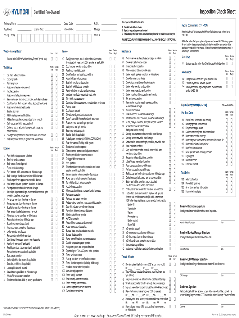 Inspection Check Sheet New Car Prices and Used Car  Form