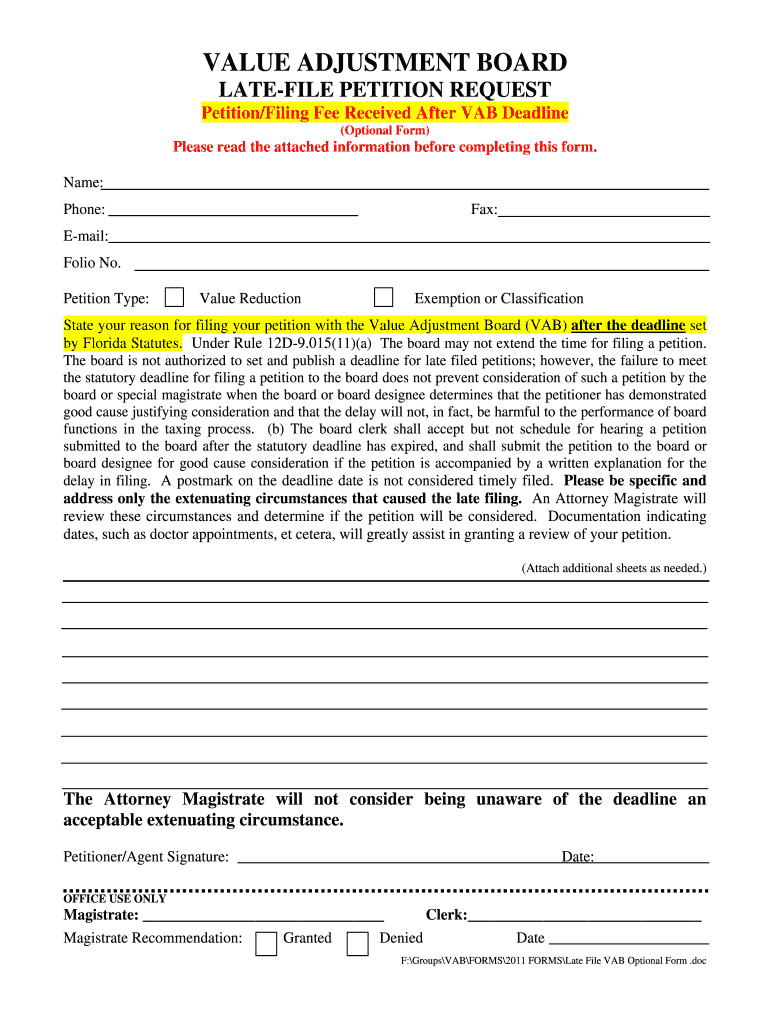 Get and Sign Value Adjustment Board Late File Petition Request  Hillsclerk 2011-2022 Form