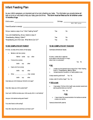 Infant Feeding Plan SCPITC Scpitc  Form