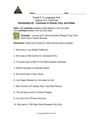 Commas between City and State Worksheet  Form