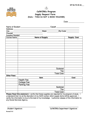 CalWORKs Program Supply Request Form Rio Hondo College Riohondo