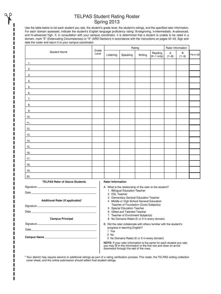 Telpas Student Rating Roster  Form