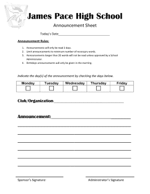 James Pace High School Announcement Sheet Bisd  Form