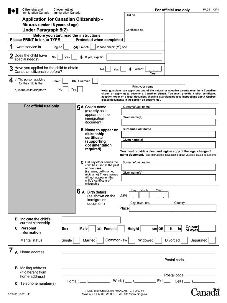  CIT 0003E Application for Canadian Citizenship Minors 2011