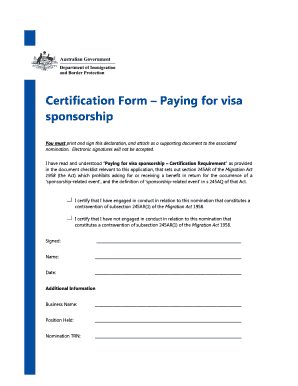 Certification Form Paying for Visa Sponsorship