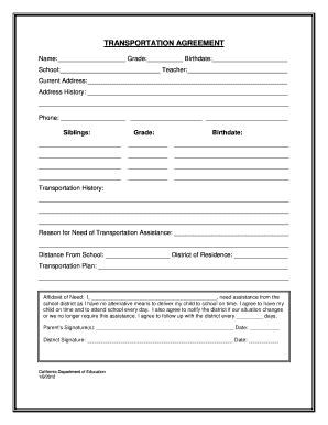 Transportation Agreement Homeless Child Youth Education CA Dept of Education McKinney Vento Homeless Assistance Act Agreement Be  Form