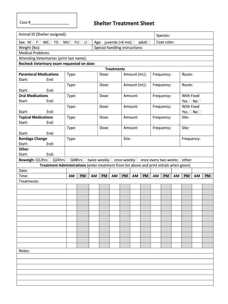 Printable Veterinary Hospitalization Treatment Sheet