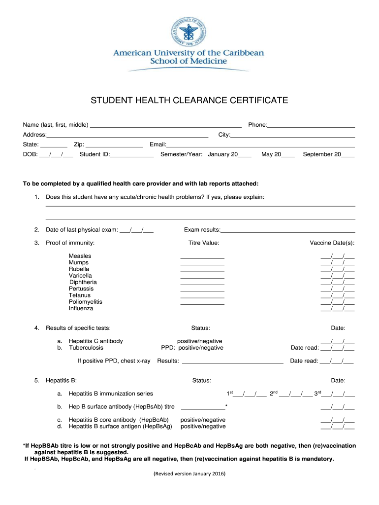  Health Clearance Certificate 2016-2024