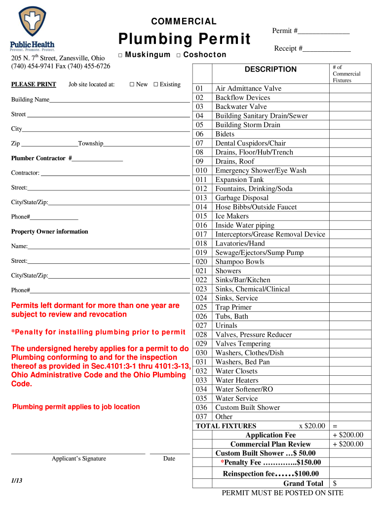 COMMERCIAL Plumbing Permit Muskingum County Ohio Zmchd  Form