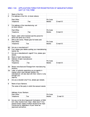 Msd 1104 Application Form for Registration of Manufacturing Unit of