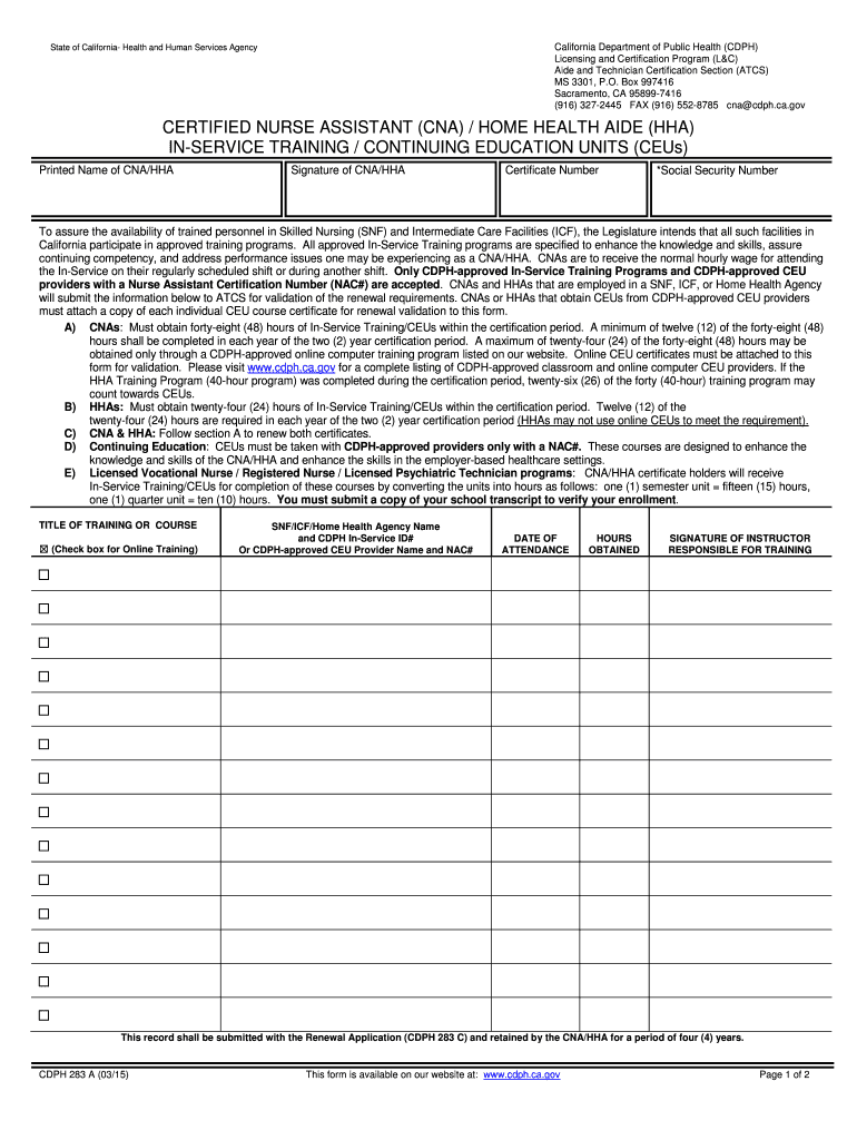 Certified Nurse Assistant CNA Home Health Aide HHA in Service Training Continuing Education Units CEUs CDPH 283A  Form