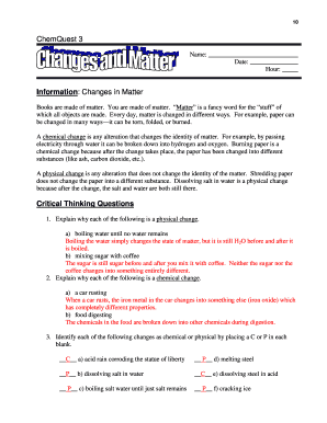 Changes and Matter Worksheet Answer Key  Form