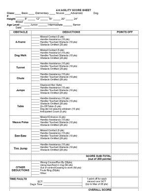 4 H AGILITY SCORE SHEET Basic Elementary Novice Advanced Dog  Form