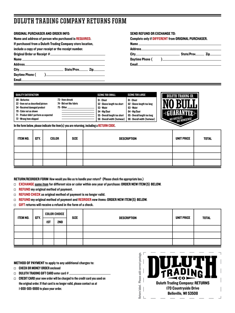 Duluth Trading Returns  Form