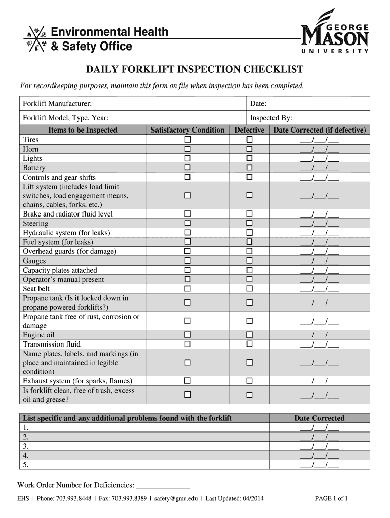 DAILY FORKLIFT INSPECTION CHECKLIST George Mason University  Form