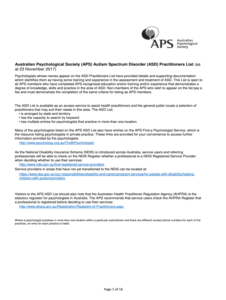 Australian Psychological Society APS Autism Spectrum Disorder ASD Practitioners List as  Form