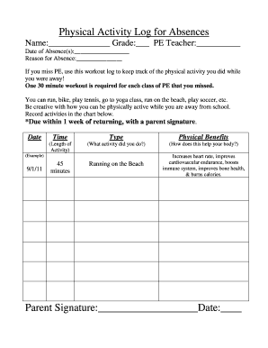 Physical Activity Log for Extended Absences  Form