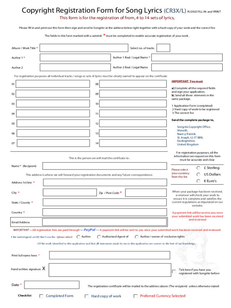 Copyright Registration Form for Song Lyrics CR3XL PLEASE