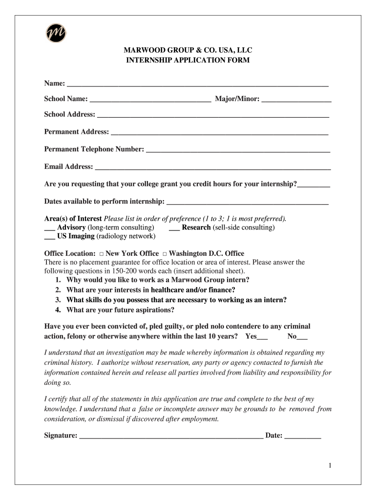 MARWOOD GROUP Amp CO USA LLC INTERNSHIP APPLICATION FORM Name