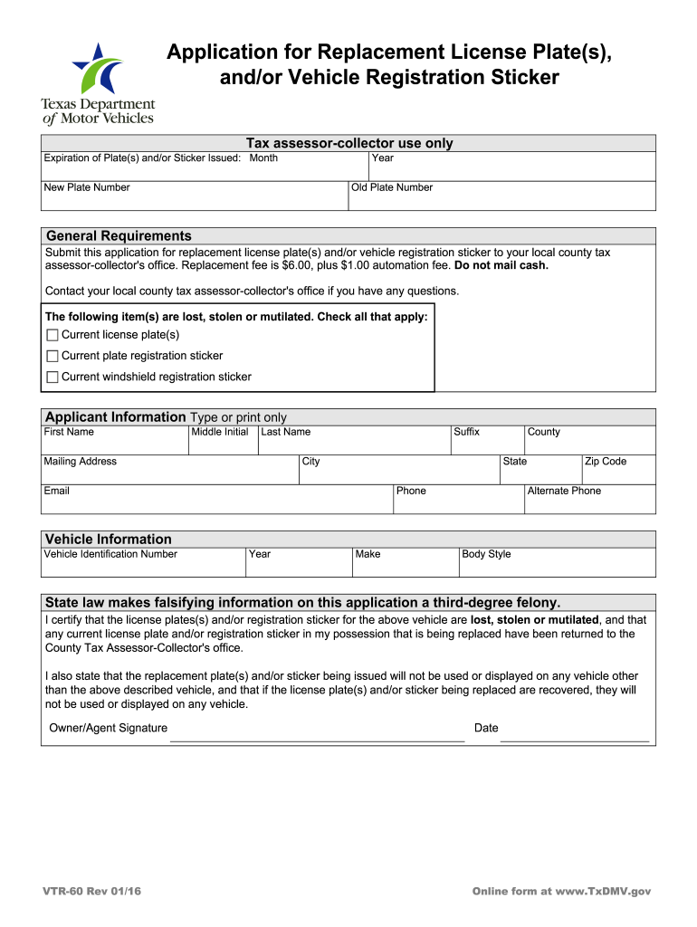 Get and Sign Replacement Plates Texas 2016-2022 Form