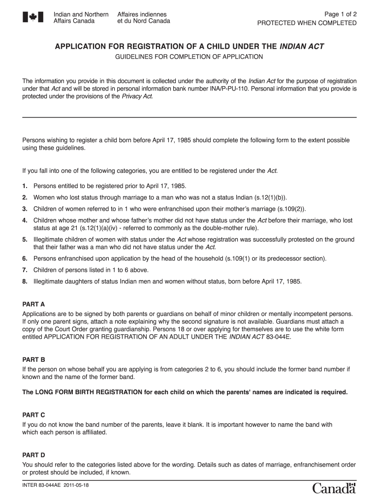  Registration of a Child under the Inian Act 83 044ae Form 2011-2024