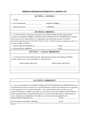 Briefing Rebriefing Debriefing Certificate  Form
