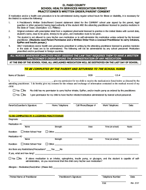 EL PASO COUNTY SCHOOL HEALTH SERVICES MEDICATION PERMIT  Form