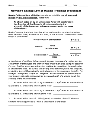 Newton&#039;s Second Law of Motion Problems Worksheet Answers  Form
