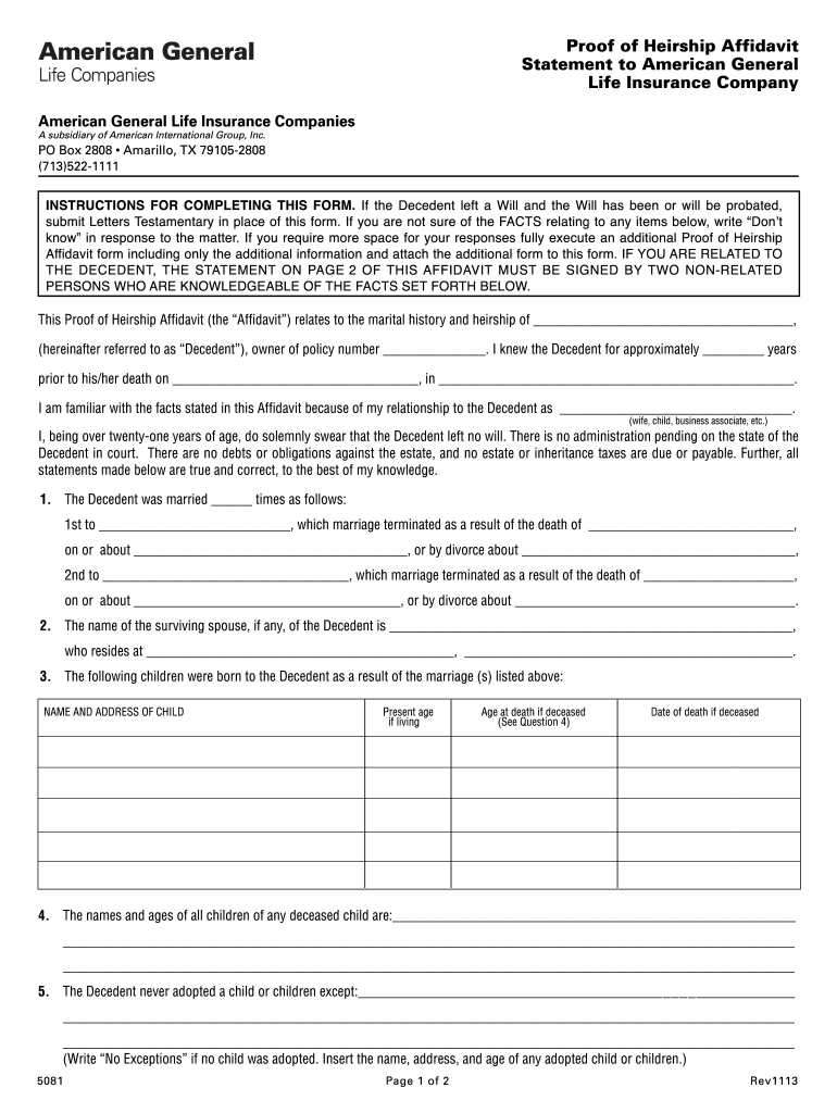 Get and Sign Proof of Heirship Affidavit Aig 2013-2022 Form