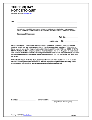 3 Day Notice to Quit After Foreclosure Former Owner Notice Tenant Relations Termination and Eviction Tasks