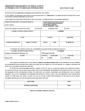 Mississippi Department of Public Safety Authorization to Release Information Form