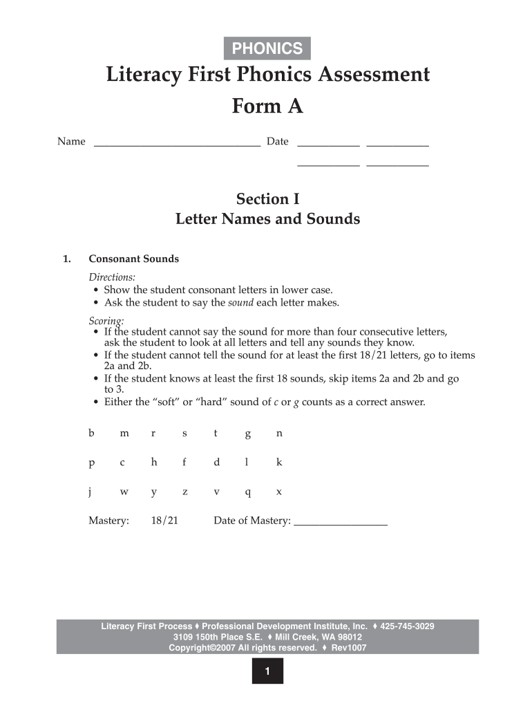 Literacy First Assessment  Form