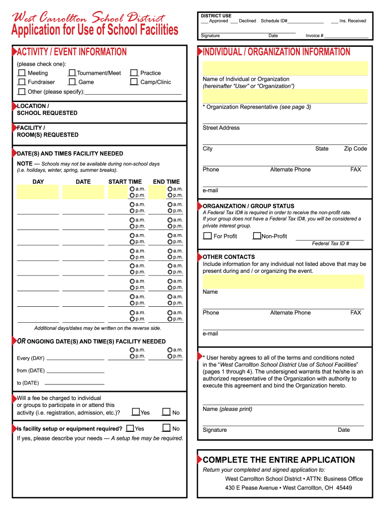 Get and Sign Use of School Facilities  West Carrollton High School 2013-2022 Form