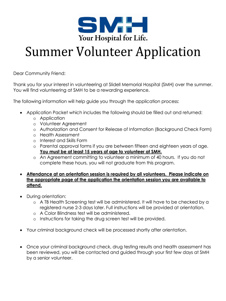 Get and Sign Summer Volunteer Application  Slidell Memorial  Slidellmemorial 2015-2022 Form