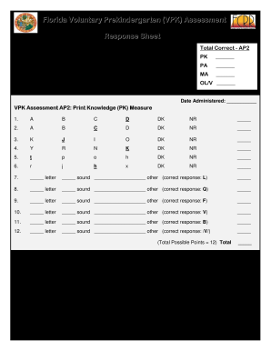 Florida Vpk Assessment Booklet Ap2  Form