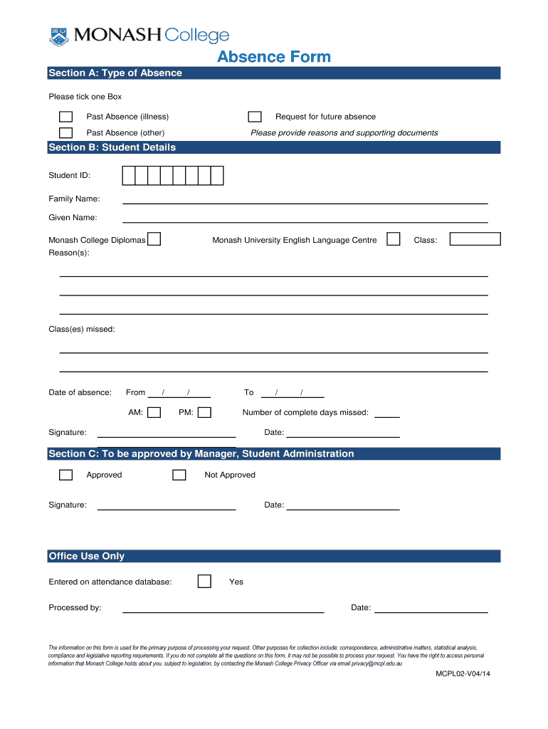 Absence Form  Monash College