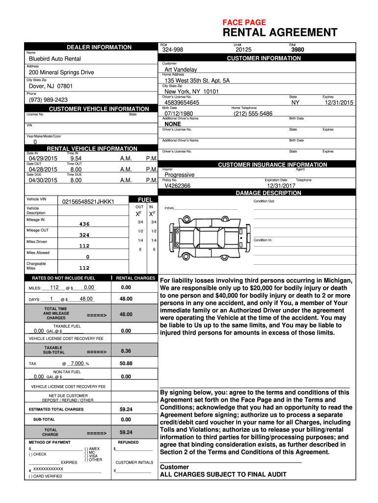 FACE PAGE RENTAL AGREEMENT Bluebird Auto Rental Systems  Form