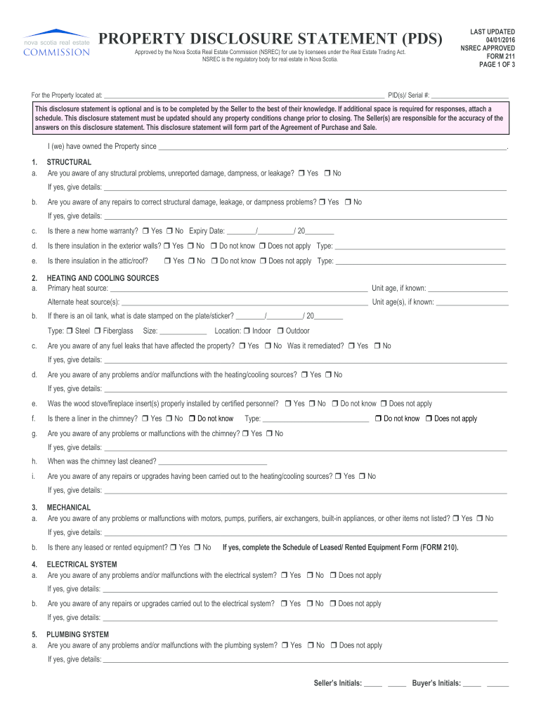 Property Disclosure Statement Nova Scotia  Form