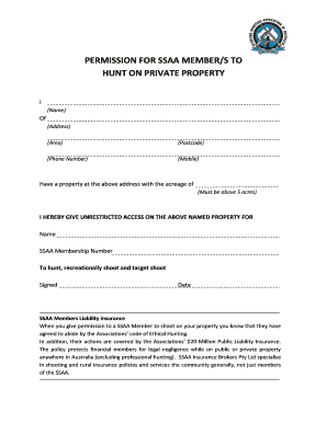 PERMISSION for SSAA MEMBERS to HUNT on PRIVATE PROPERTY  Form