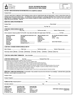  Verification of Employment Form Early Learning Coalition of the 2015