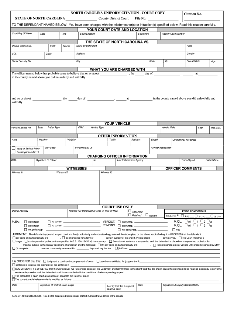 North Carolina Uniform Citation Defendant Copy