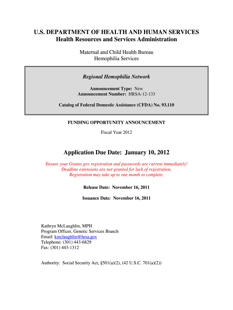  Funding Opportunity Announcement HRSA 12 133 Regional Hemophilia Network 2012