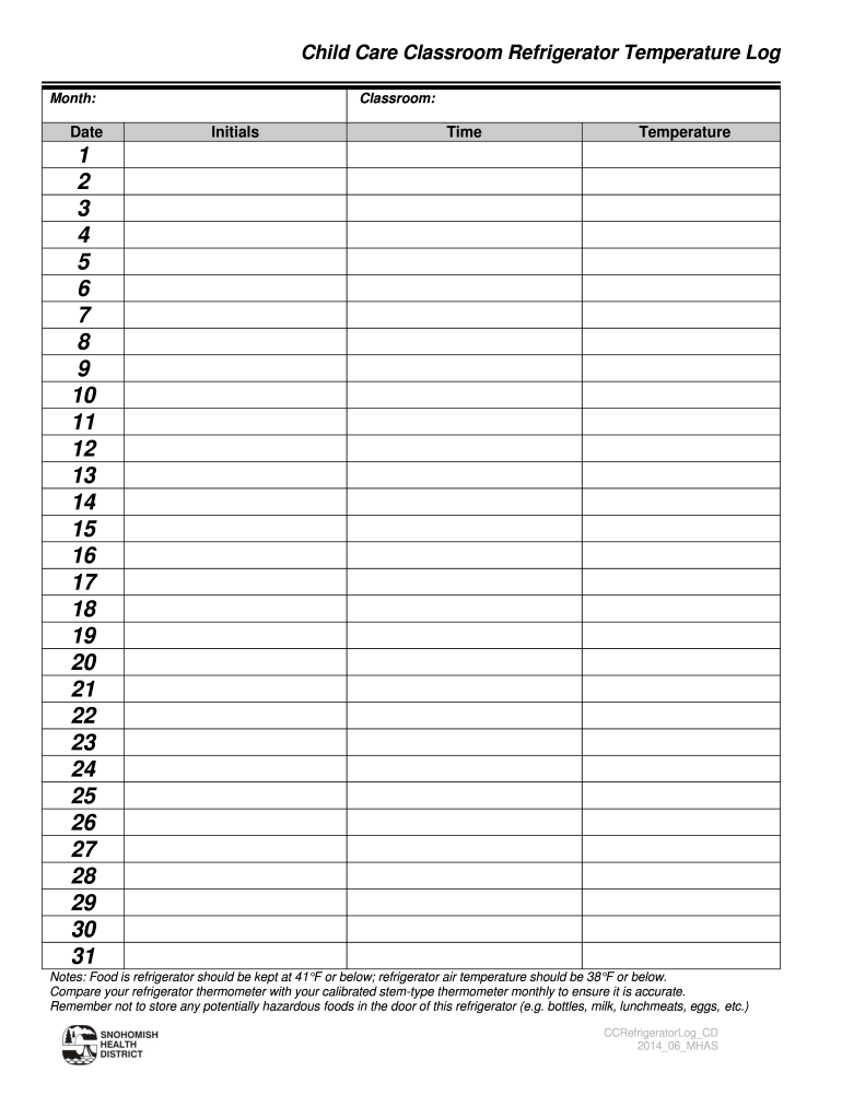  Child Care Classroom Refrigerator Temperature Log 2014-2024