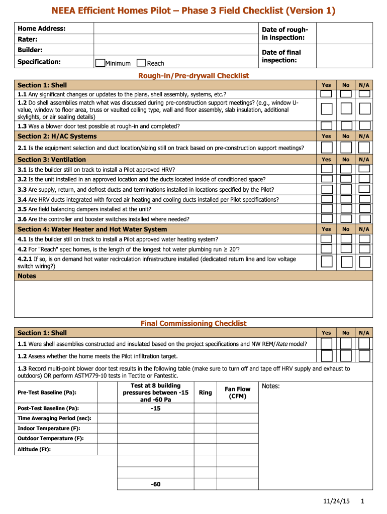 NEEA Efficient Homes Pilot Phase 3 Field Checklist Version 1  Form