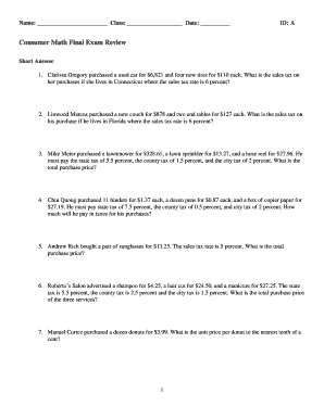 End of Semester Test Consumer Mathematics  Form