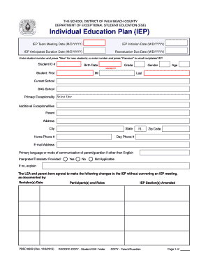 Individual Education Plan IEP the School District of Palm Beach Bb  Form