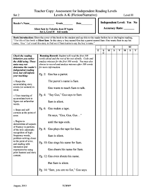 Independent Reading Level Assessment  Form