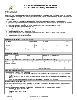 Recreational off Highway or All Terrain Vehicle Used for Dmv Tx  Form